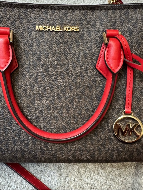 Michael Kors Hope Medium Messenger Bag Flame Red & Brown Satchel Purse w/ Strap - Picture 2 of 10